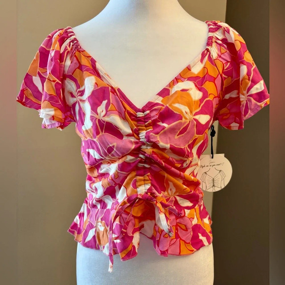 Japna Pink and Red Ruched Cap Sleeve Blouse - Picture 6 of 9